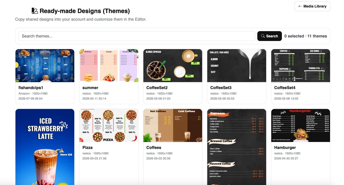 SignOS Editör hazır temalar (Ready-made Designs) ekranı